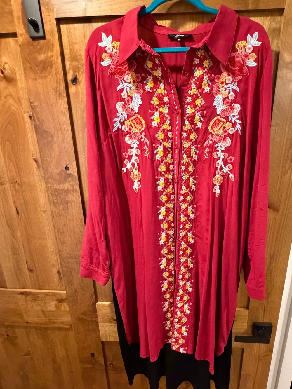 Embroidered Red Tunic Dress with Floral Detail